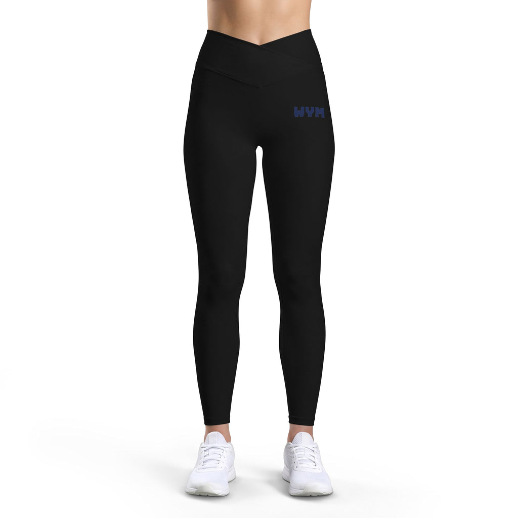 Women’s Luxe Leggings — Black High-Waist V-Cut Activewear with Small Blue 'WVM' Logo