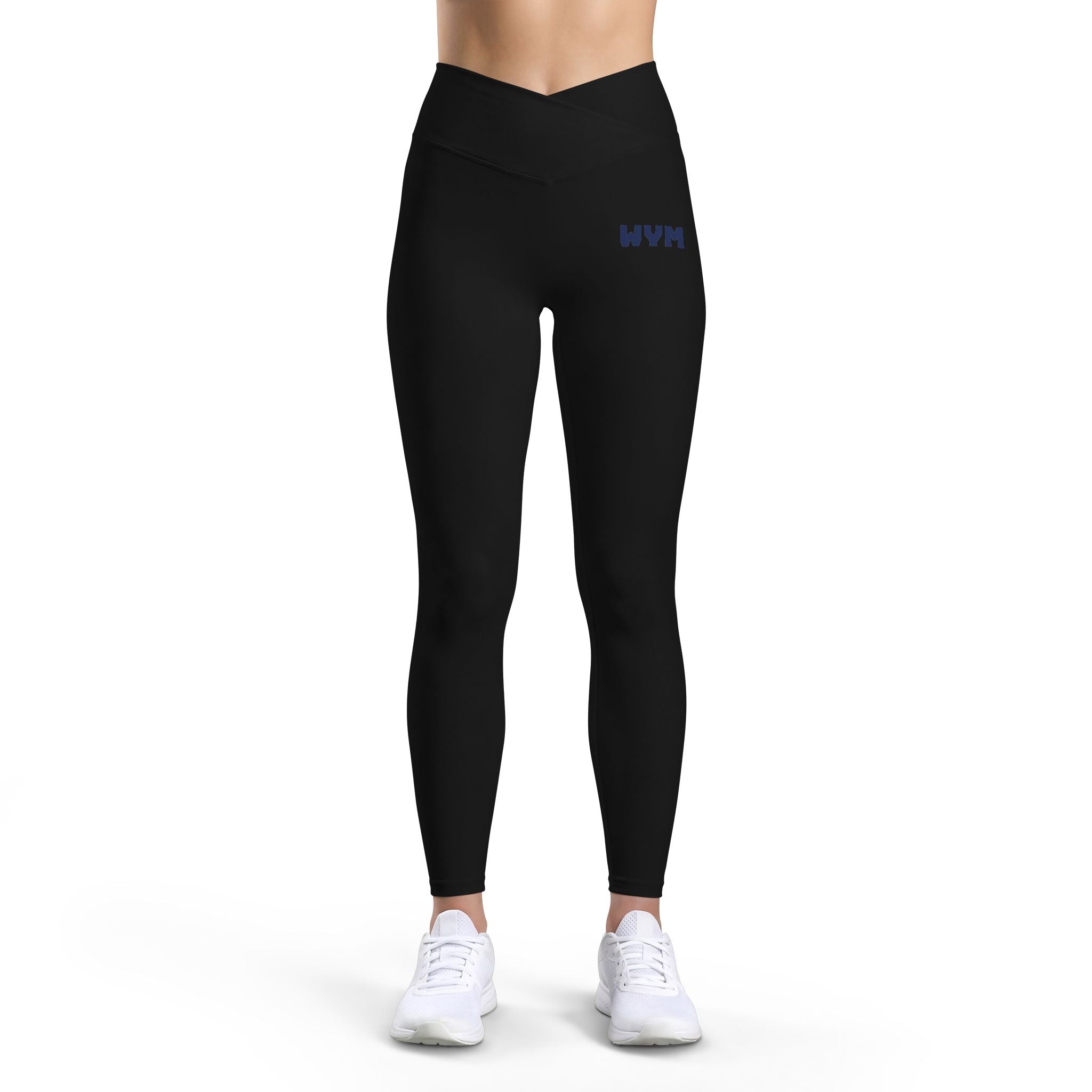 Women’s Luxe Leggings — Black High-Waist V-Cut Activewear with Small Blue 'WVM' Logo