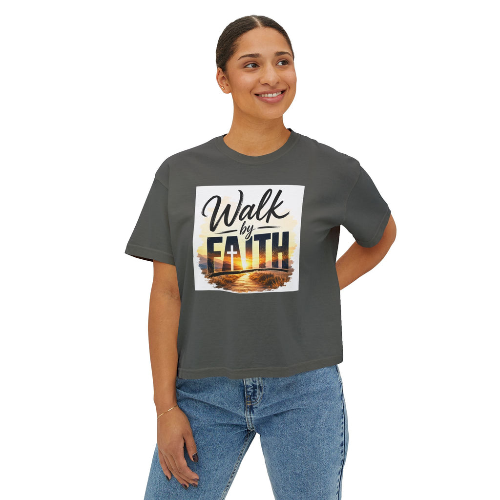 Walk by Faith Women's Boxy Tee — Inspirational Christian Shirt with Sunset Design