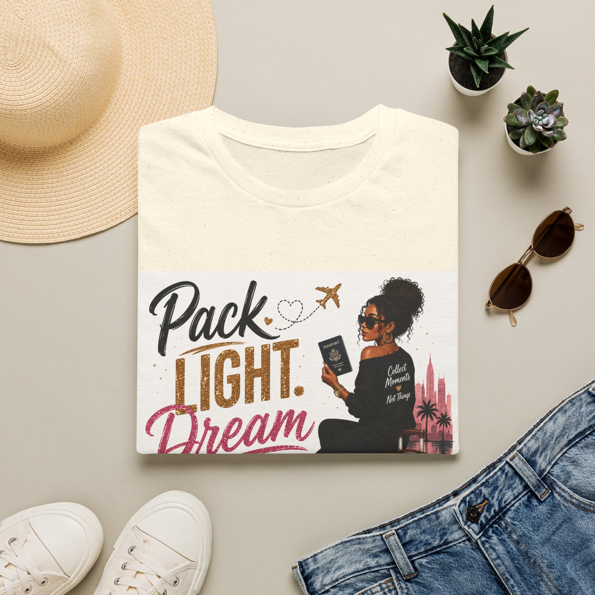 Pack Light Dream Big Travel T-Shirt — Inspirational Vacation Tee for Women