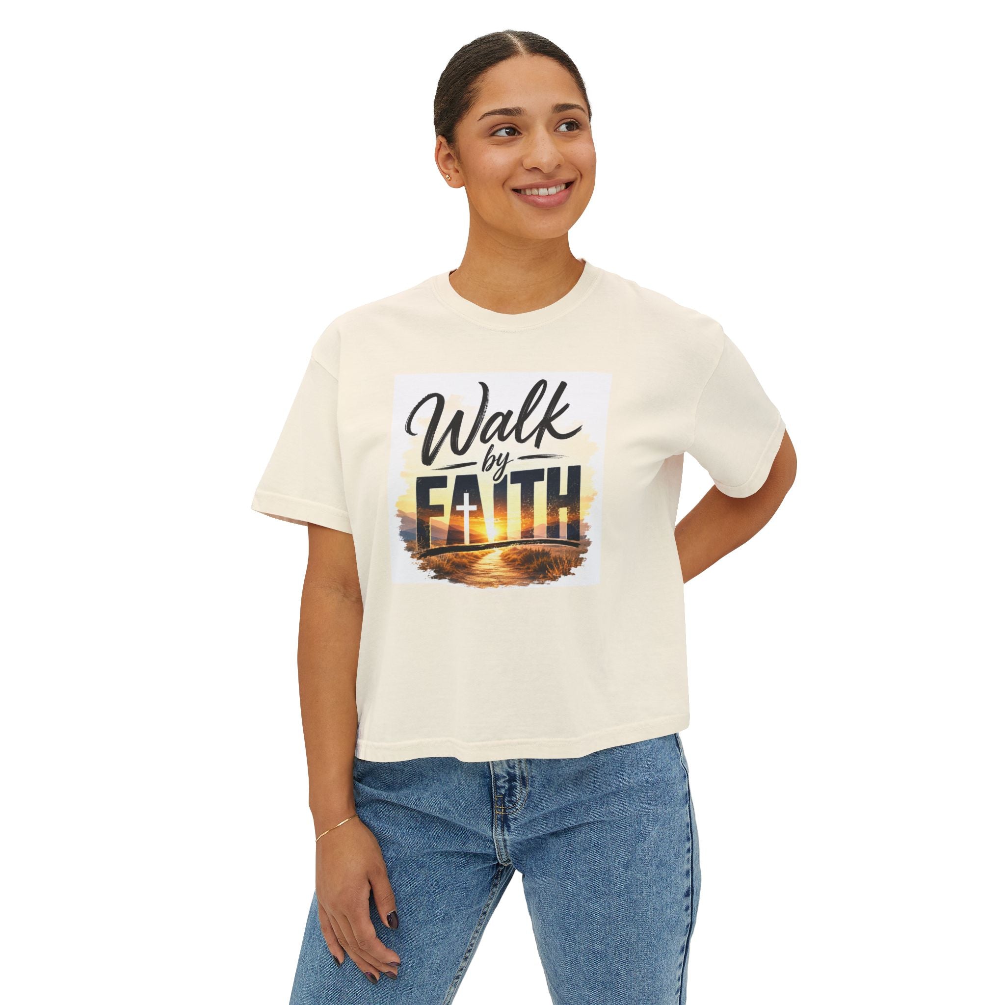 Walk by Faith Women's Boxy Tee — Inspirational Christian Shirt with Sunset Design