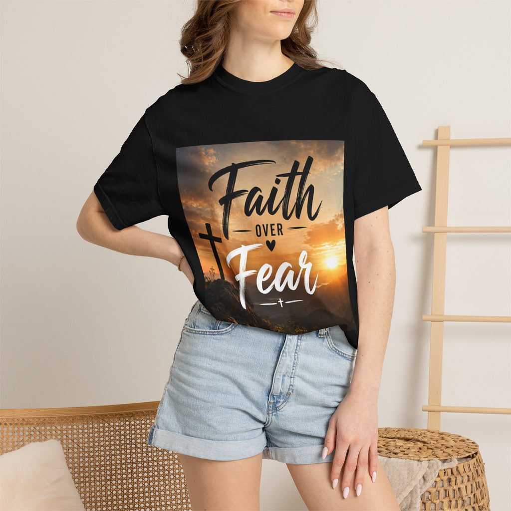 Faith Over Fear T-Shirt — Inspirational Christian Tee with Sunrise Cross Design