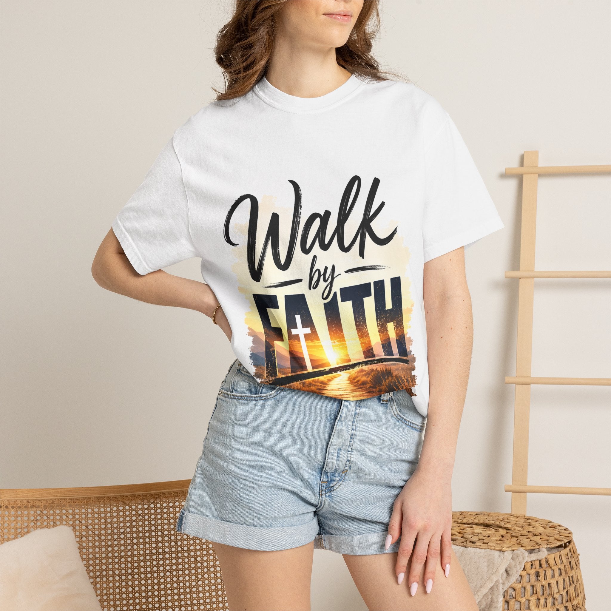 Wear Your Moment Women's Graphic T-Shirt – Walk by Faith Sunrise Cross, Ring-Spun Cotton, Sizes S–4XL