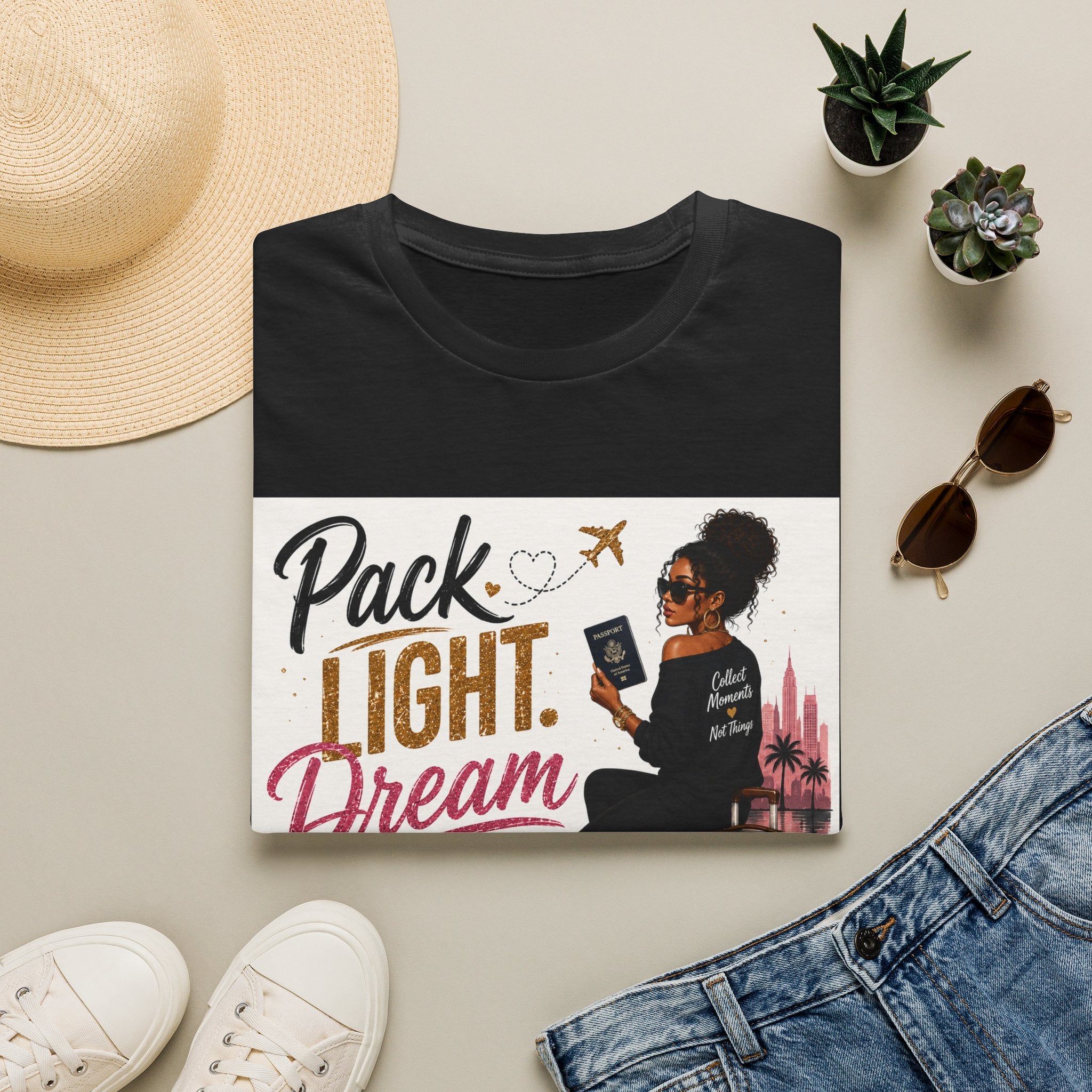 Pack Light Dream Big Travel T-Shirt — Inspirational Vacation Tee for Women