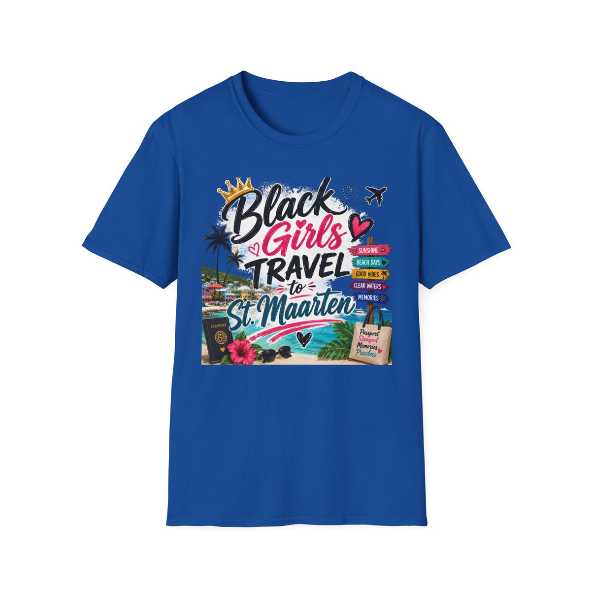 Black Girls Travel to St. Maarten Tee — Island Celebration Graphic, Lightweight OEKO-TEX® Cotton