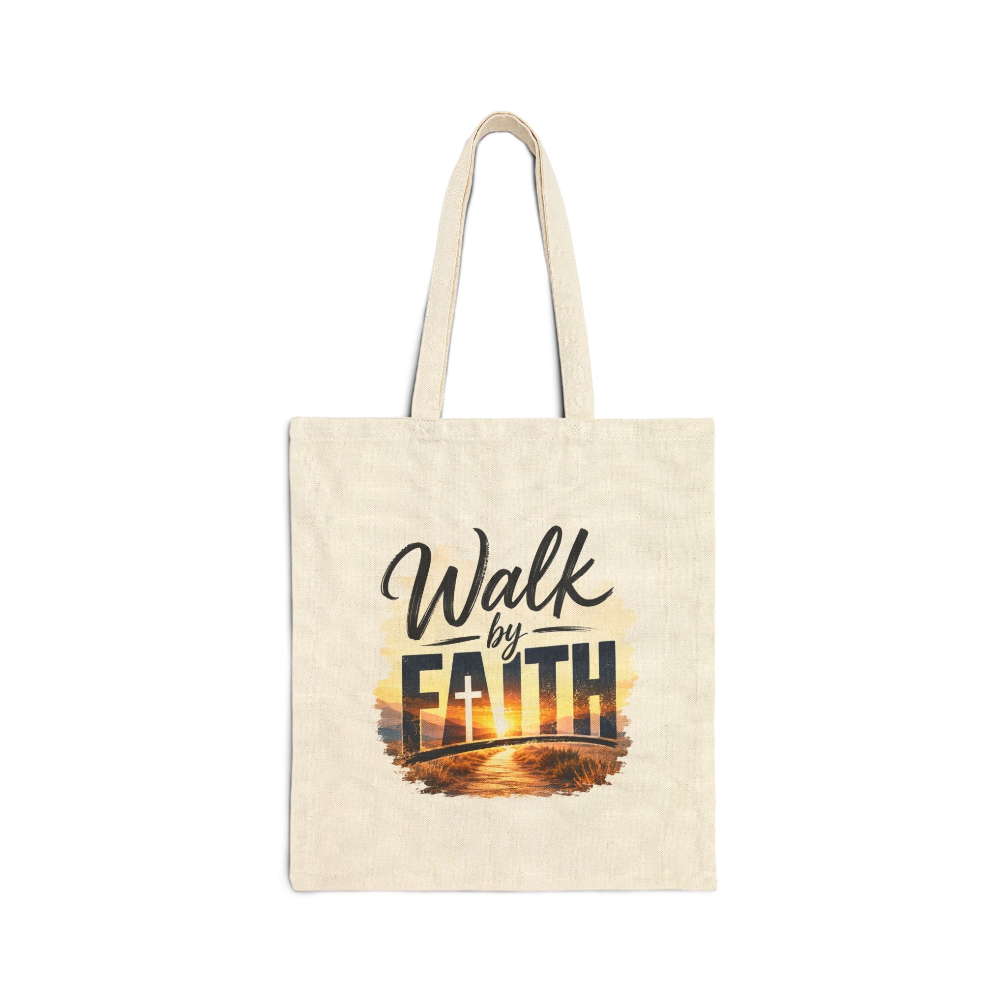 Wear Your Moment Walk by Faith Canvas Tote Bag – Inspirational Christian Beach Bag, 12 oz Cotton, Natural/Black