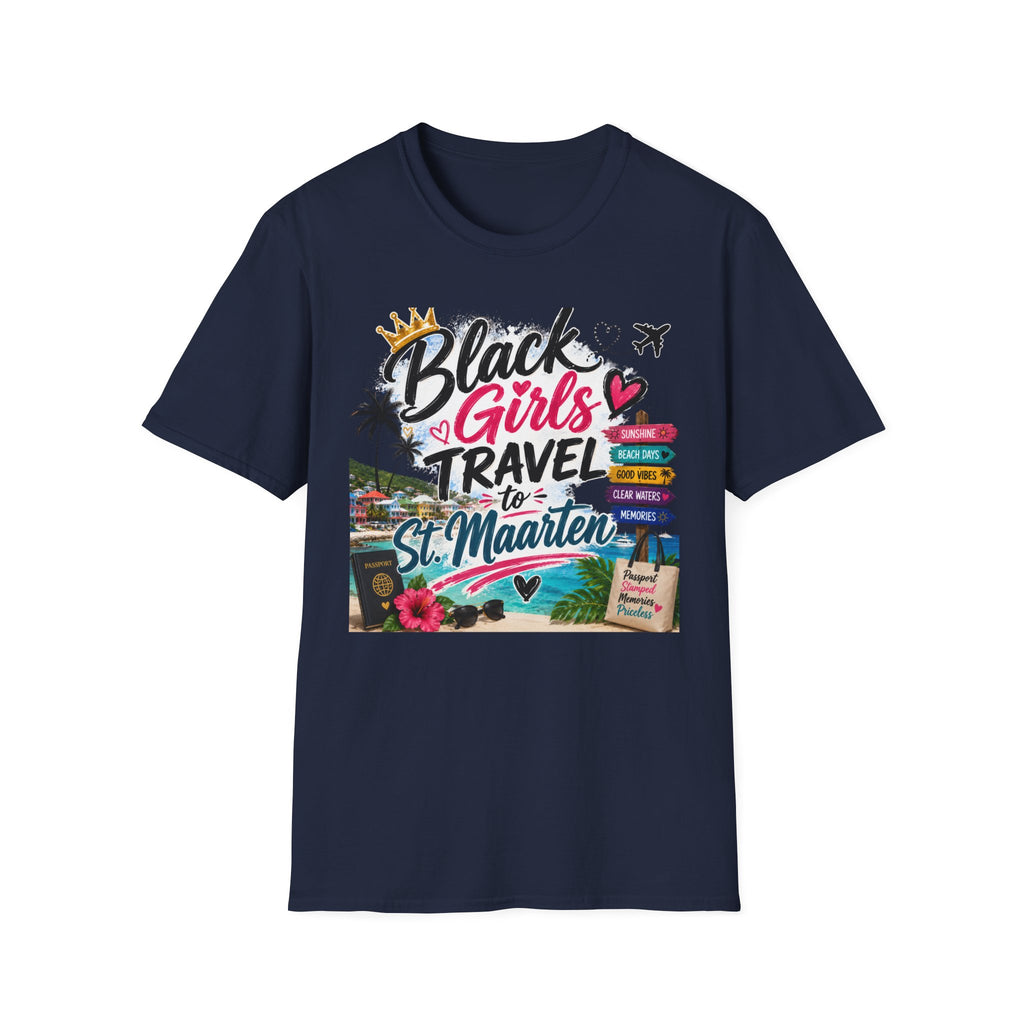 Black Girls Travel to St. Maarten Tee — Island Celebration Graphic, Lightweight OEKO-TEX® Cotton