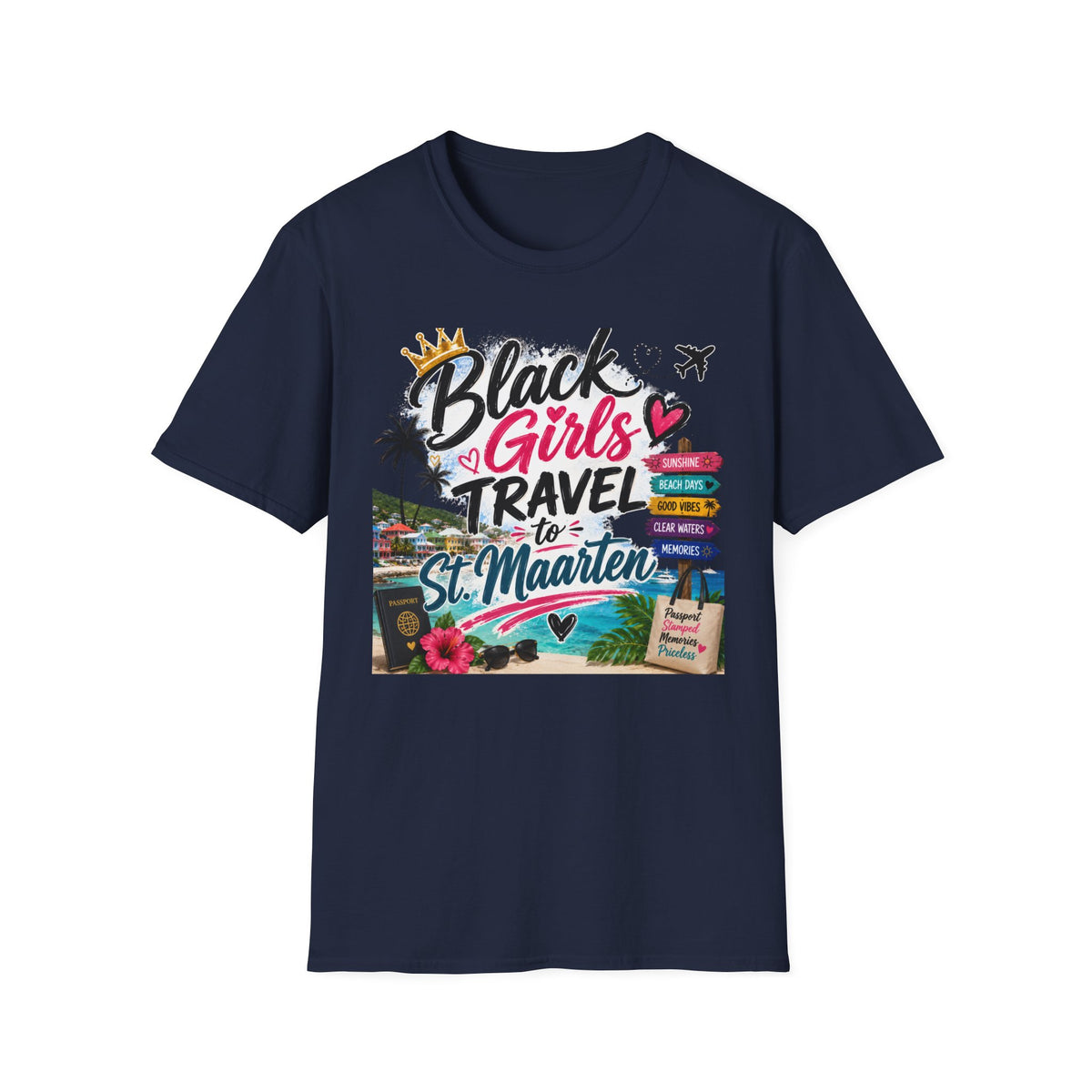 Black Girls Travel to St. Maarten Tee — Island Celebration Graphic, Lightweight OEKO-TEX® Cotton