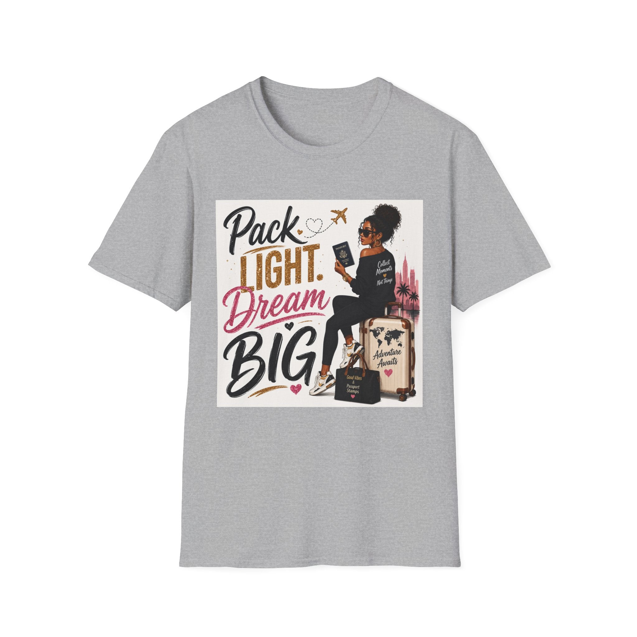 Pack Light Dream Big Travel T-Shirt — Inspirational Vacation Tee for Women