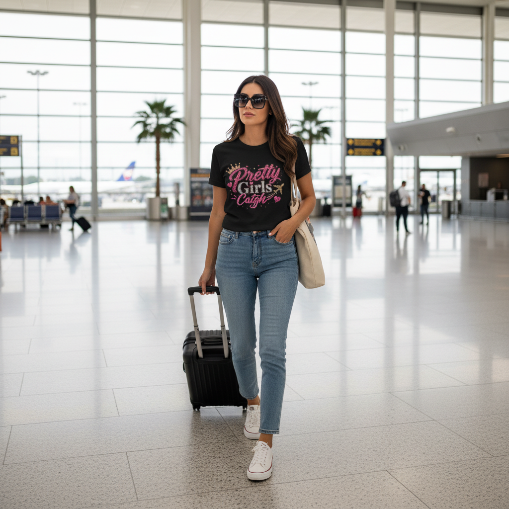 Woman wearing Pretty Girls Catch Flights tee at airport